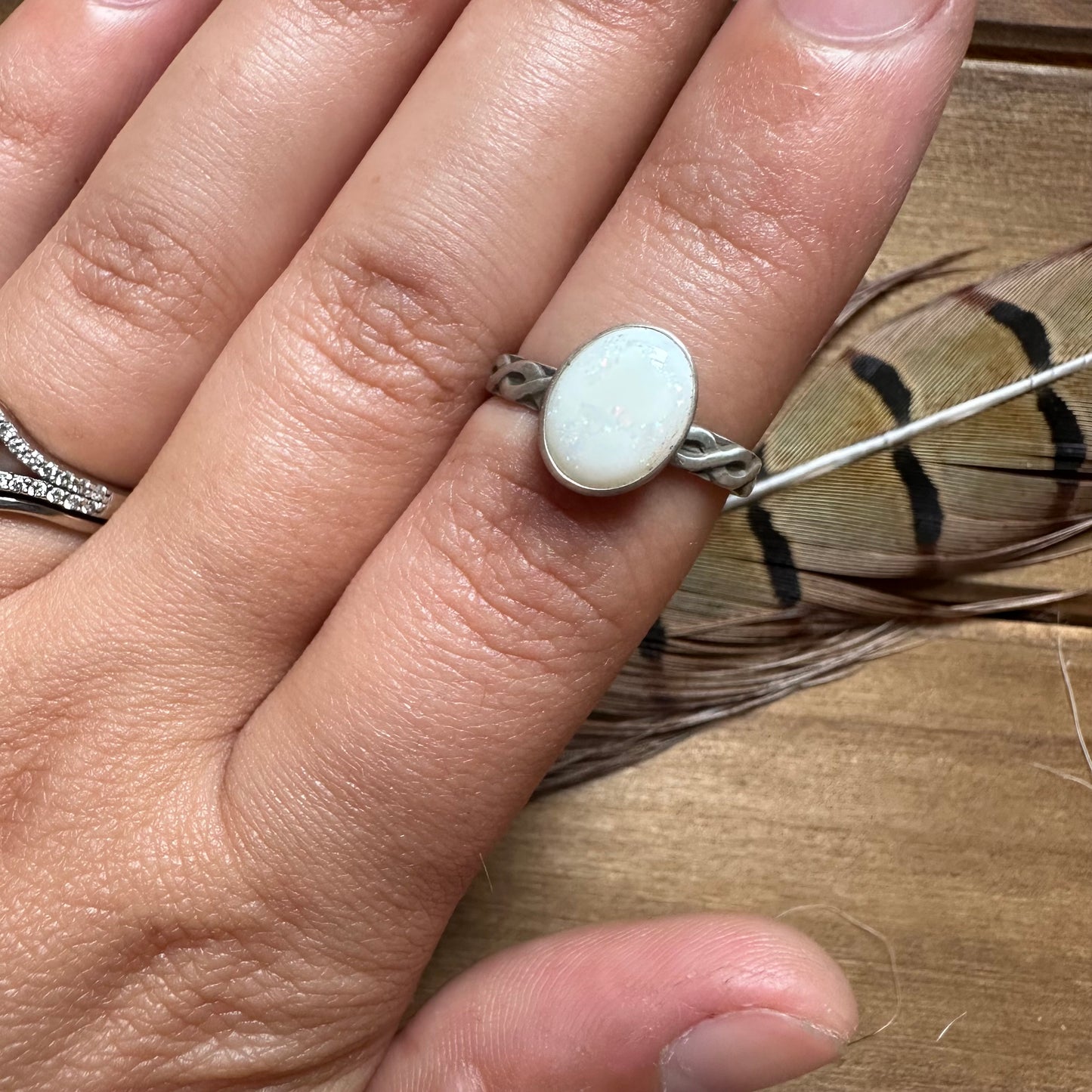 White Australian Opal Stacker Ring