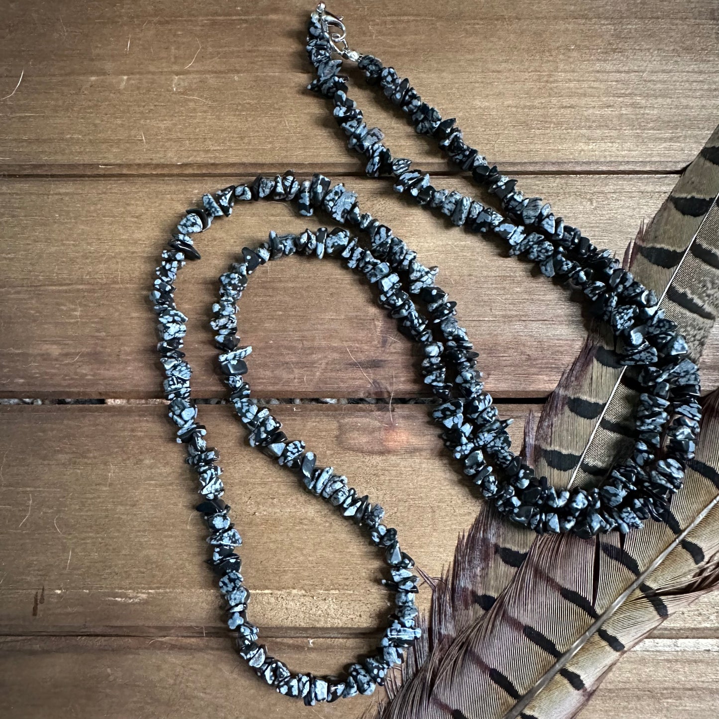 Long Snowflake Obsidian Chip Necklace
