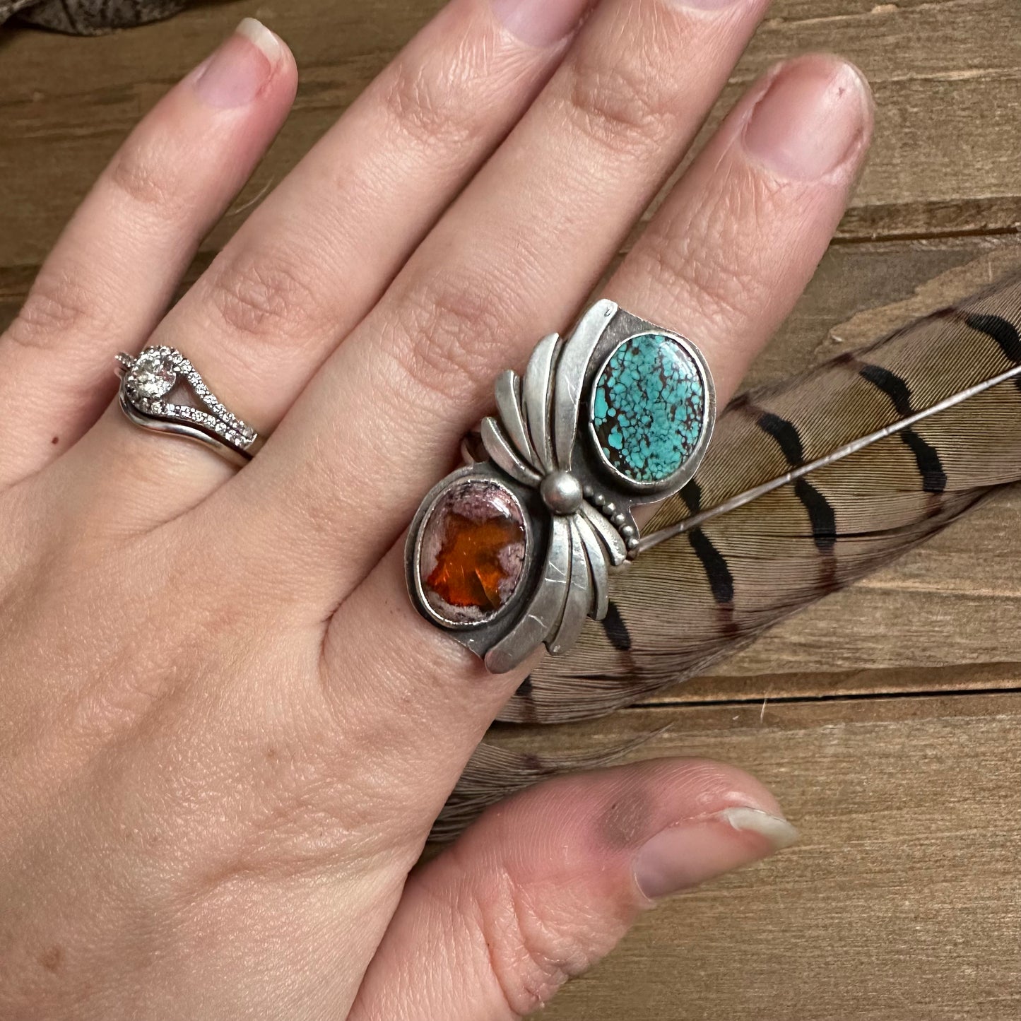 Turquoise & Fire Opal Ring (size 6.75)
