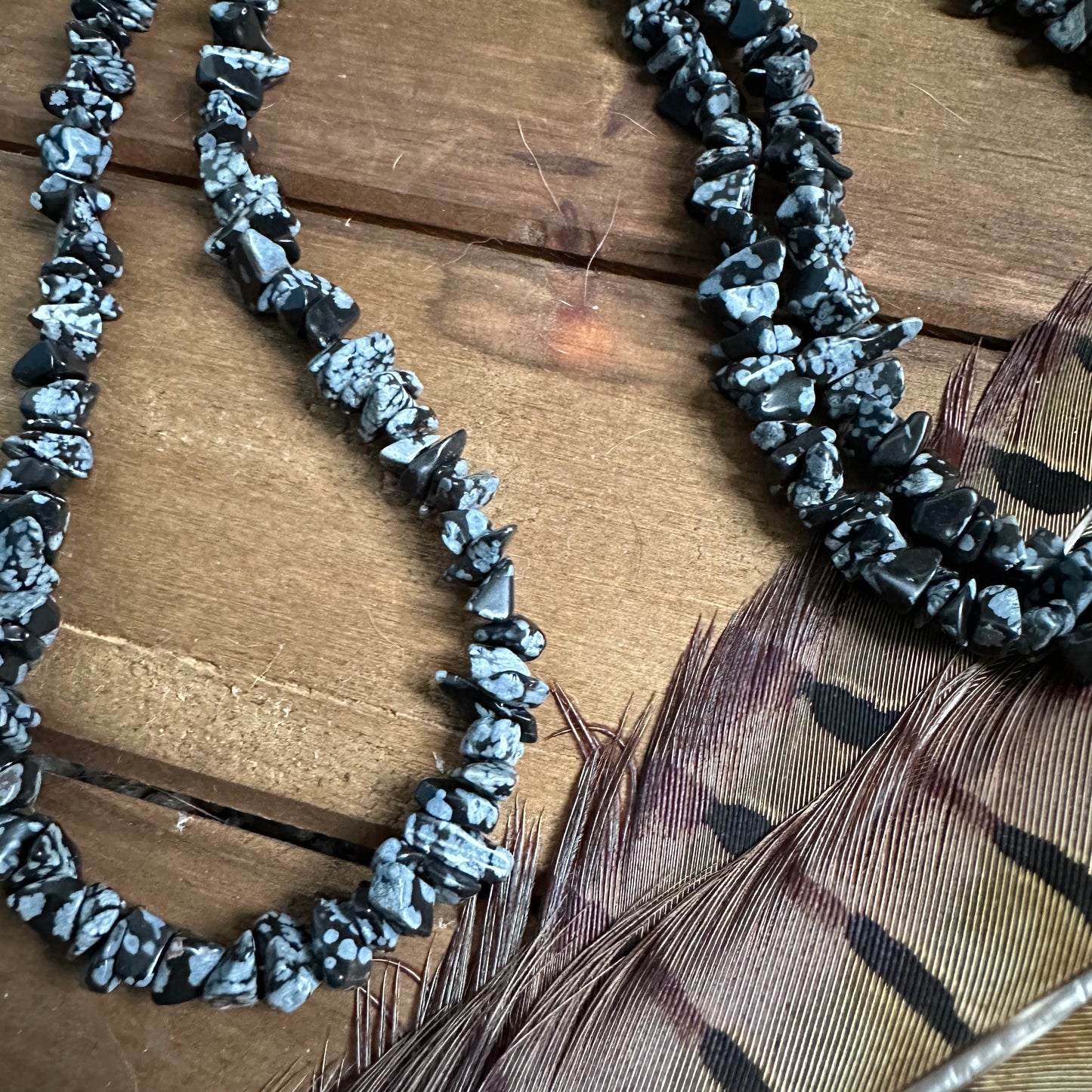 Long Snowflake Obsidian Chip Necklace