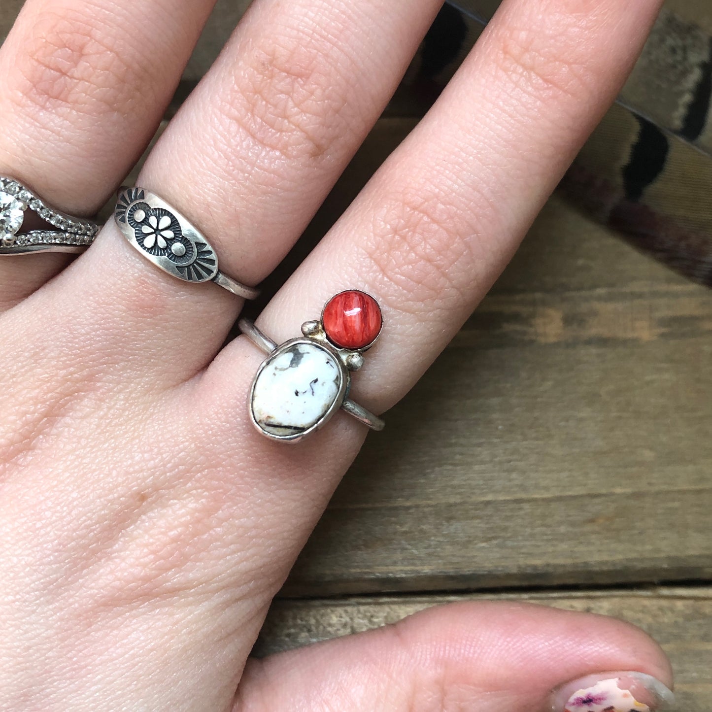 White Buffalo + Red Spiny Oyster Ring (size 6.75)