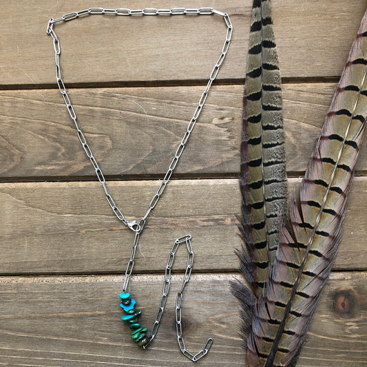 Silver Paper Clip + Turquoise Lariat Necklace